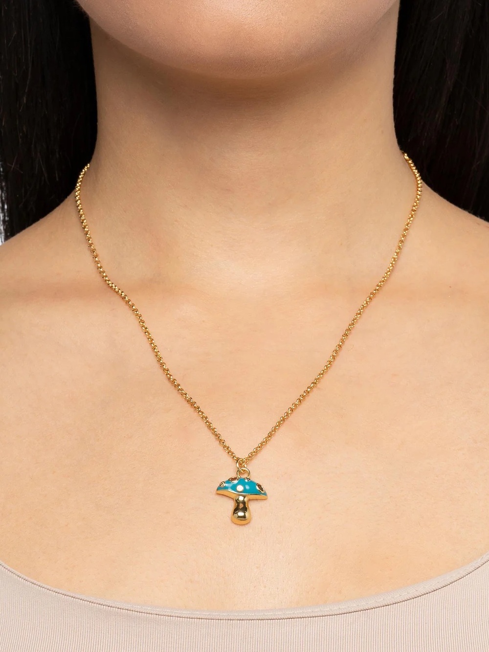 Gold Mushroom Pendant Necklace with Teal Enamel - Picture 2 of 6